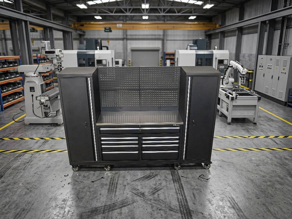 heavy-duty rolling tool chest and modular workstation in a clean modern garage