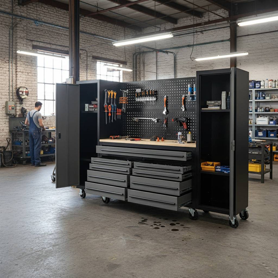 Rolling tool workbench with drawers, cabinets, and pegboard in an industrial workshop