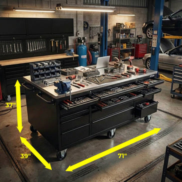 Large black tool workbench with drawers, wheels, organized tools, and size measurements in workshop