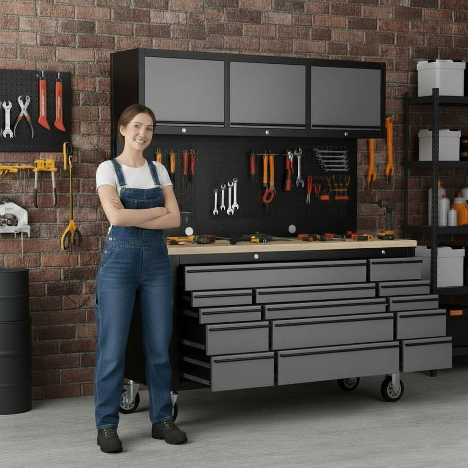 Woman in workshop with grey tool workbench storage system, organized tools and brick wall
