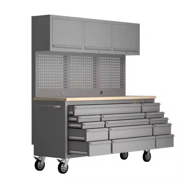 Gray tool workbench with upper cabinets, pegboard, wooden top, and multiple drawers on wheels