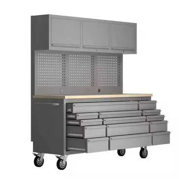 Gray tool workbench with upper cabinets, pegboard, wooden top, and multiple drawers on wheels