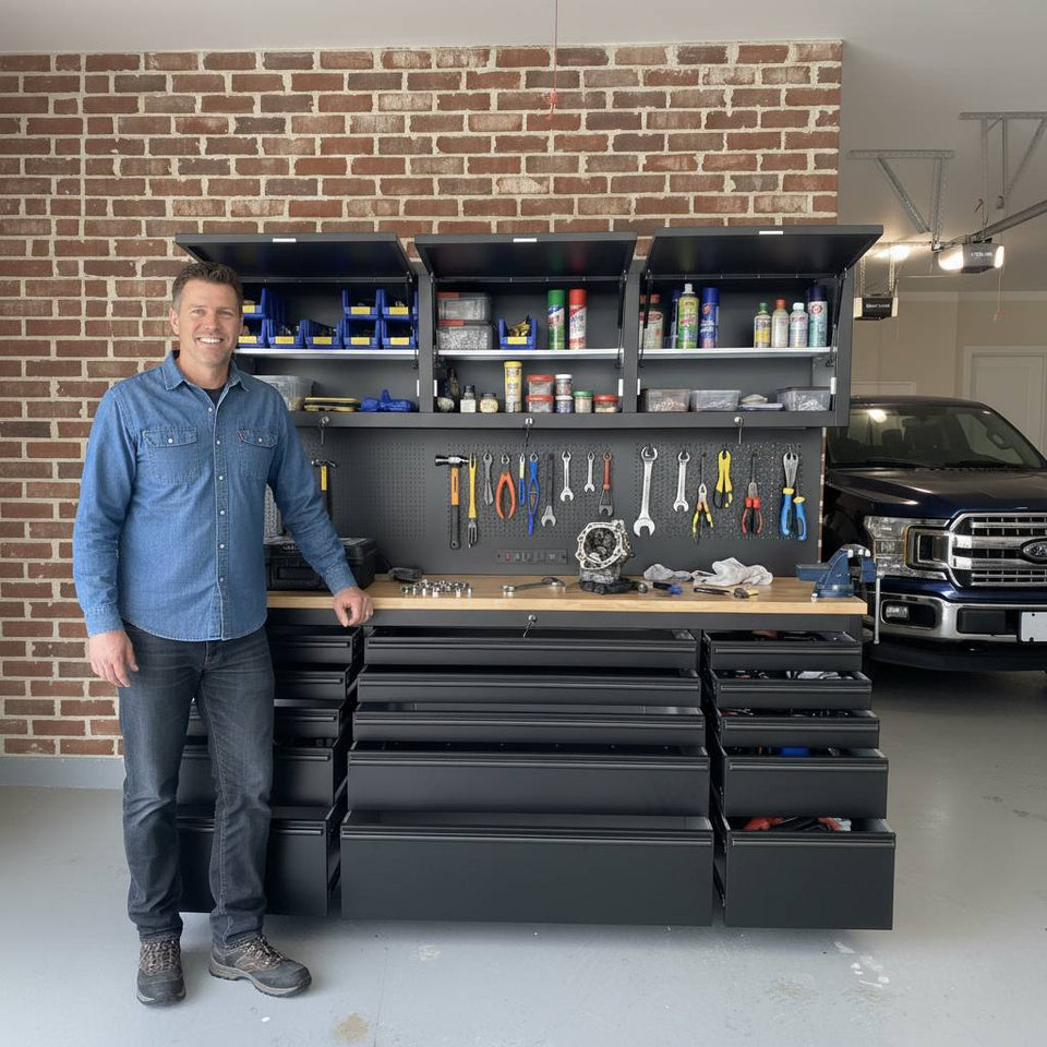 Modern garage with tool workbench, storage shelves, and organized tools on brick wall.