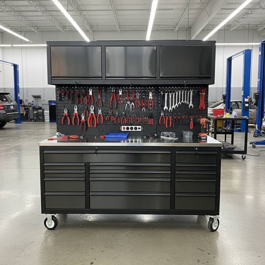 Heavy-duty tool workbench with pegboard, storage cabinets, and organized hand tools in a workshop