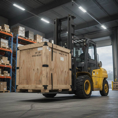 Forklift moving large wooden crate in warehouse with storage shelves and boxes.
