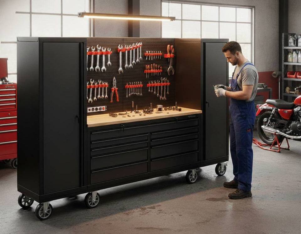 modern garage with durable rolling tool chest under bright natural light