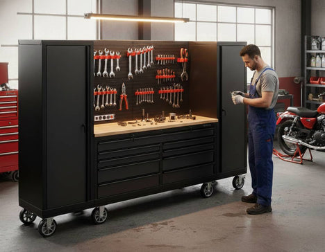 modern garage with durable rolling tool chest under bright natural light