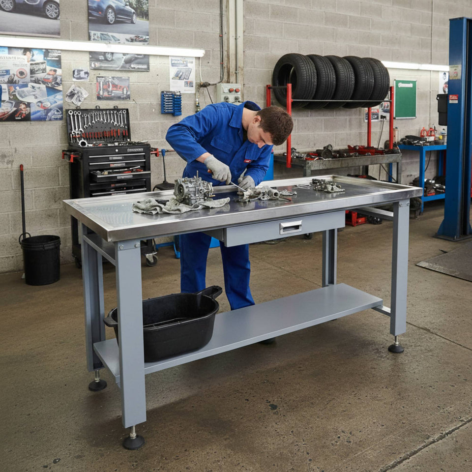 Mechanic working at metal workbench in garage workshop with tool storage and tires