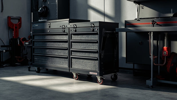 heavy-duty rolling tool chest and modular workstation in a clean modern garage