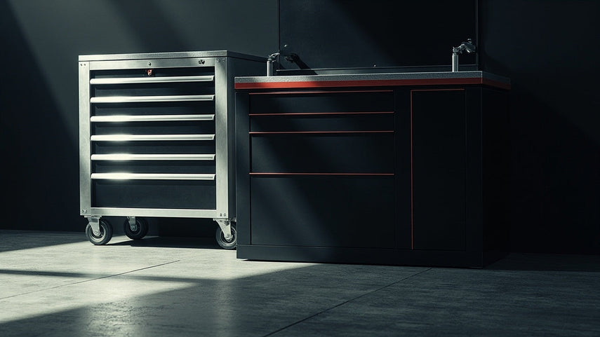 heavy-duty rolling tool chest and modular workstation in a clean garage