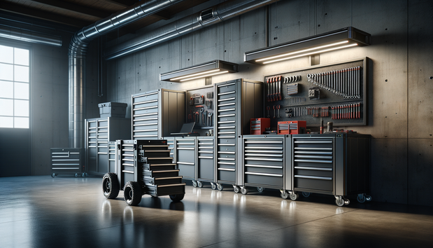 heavy-duty rolling tool chest and modular workstation in a clean modern garage