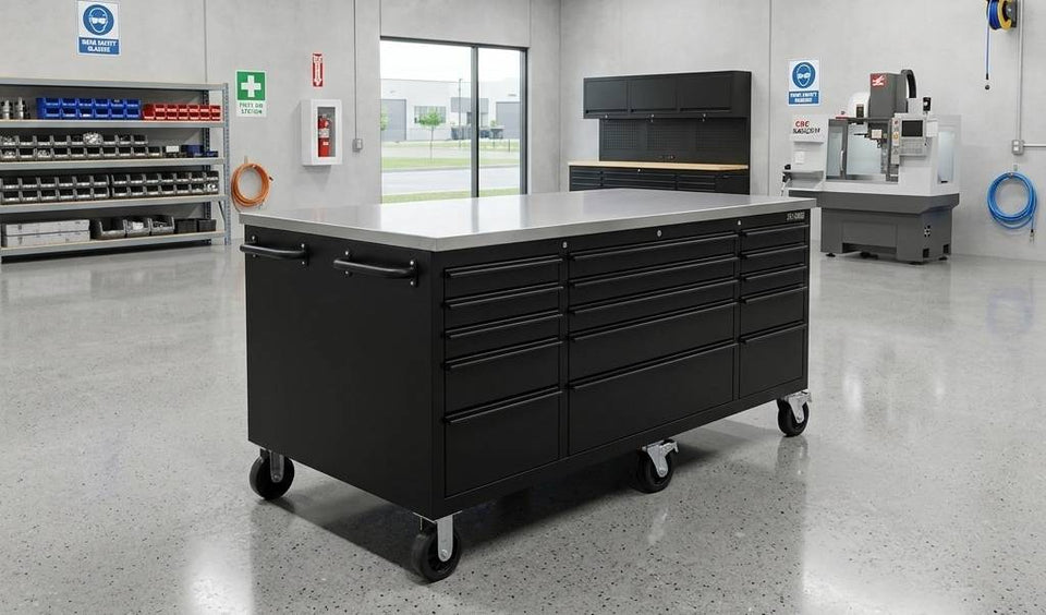 Discover the Versatility of the Large Steel 71 Inch Garage Island Workbench Compared to a 72 Inch Rolling Workbench