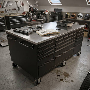 modern organized garage with heavy-duty rolling tool chest under cool industrial lighting