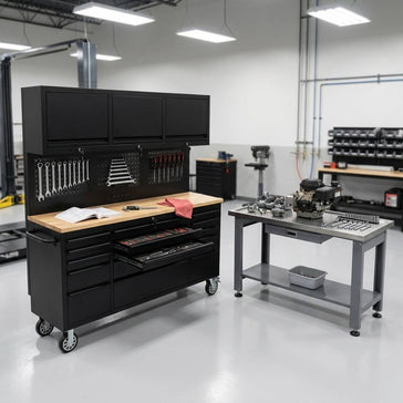 modern garage with durable rolling tool chest under cool industrial lighting