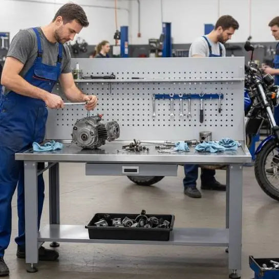 Mechanic using metal workbench with pegboard and tools in a professional workshop setting
