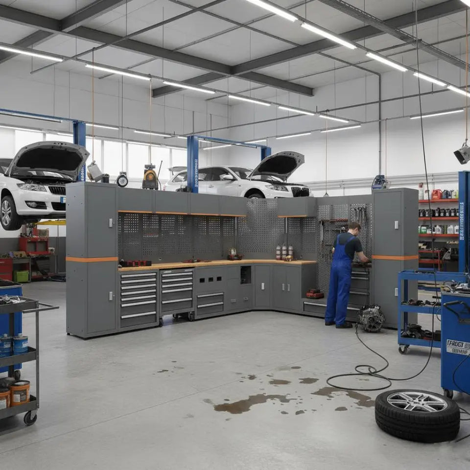 Modern automotive workshop with tool storage workbench, mechanic, and cars on lifts