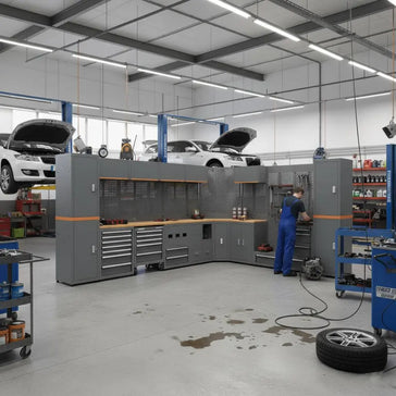 Modern automotive workshop with tool storage workbench, mechanic, and cars on lifts