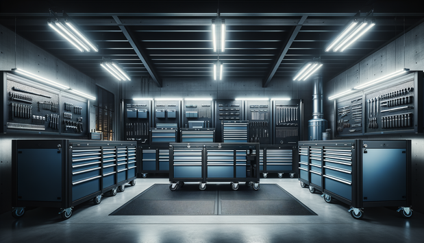 modern garage with durable tool chests and workstations in industrial lighting