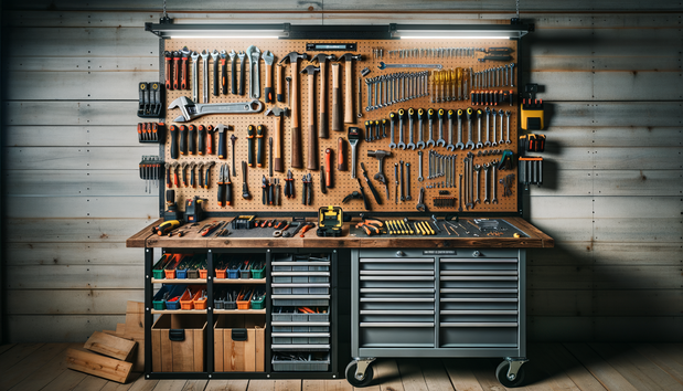modern garage with heavy-duty rolling tool chest and organized, stylish workspace
