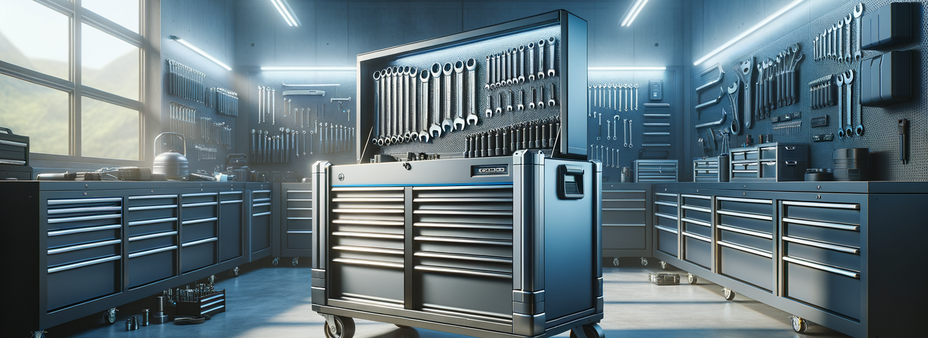 sleek rolling tool chest in a bright, organized garage with modern industrial accents