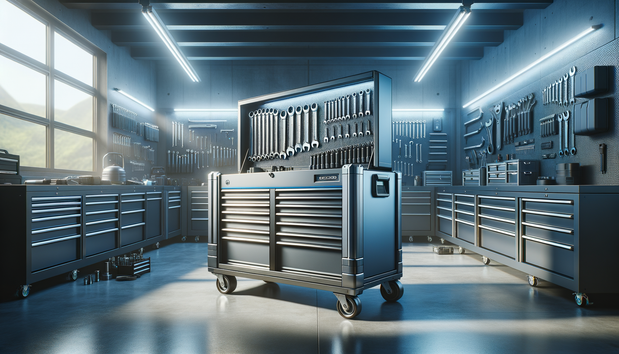 sleek rolling tool chest in a bright, organized garage with modern industrial accents