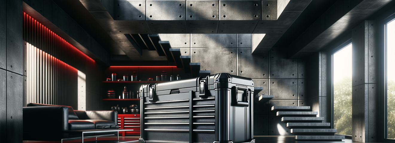modern garage with heavy-duty tool chest, crisp lighting, metallic textures, stylish and durable