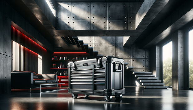 modern garage with heavy-duty tool chest, crisp lighting, metallic textures, stylish and durable