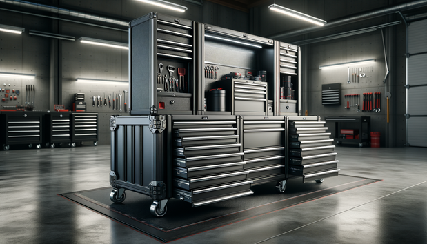 heavy-duty rolling tool chest and modular workstation in a clean garage