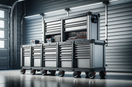 heavy-duty rolling tool chest in modern garage with organized drawers and lighting