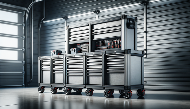 heavy-duty rolling tool chest in modern garage with organized drawers and lighting