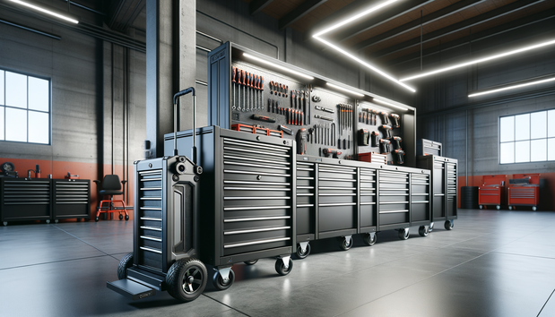 heavy-duty rolling tool chest and modular workstation in clean modern garage