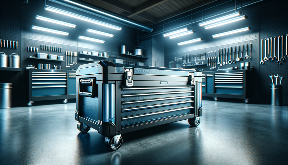 modern garage with heavy-duty rolling tool chest under bright, clean lighting