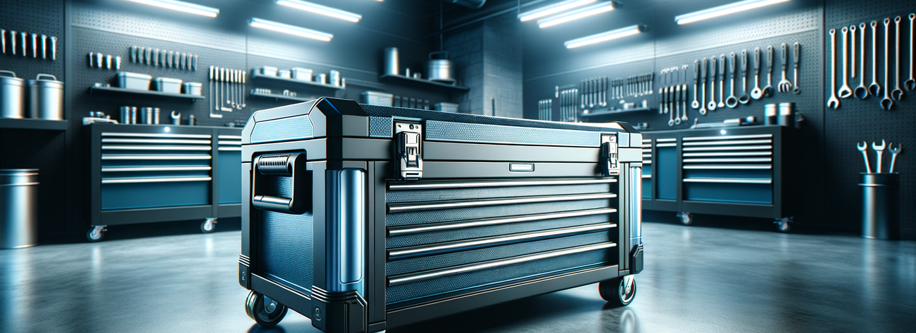 modern garage with heavy-duty rolling tool chest under bright, clean lighting