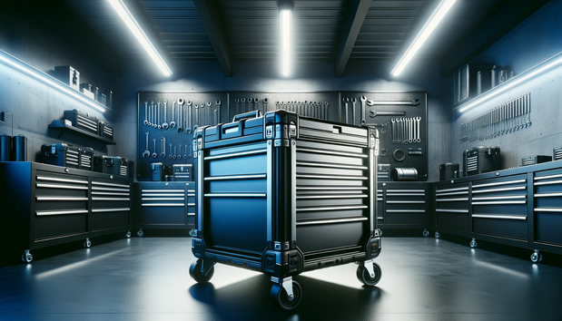 modern garage with durable rolling tool chest under bright lighting, clean and organized