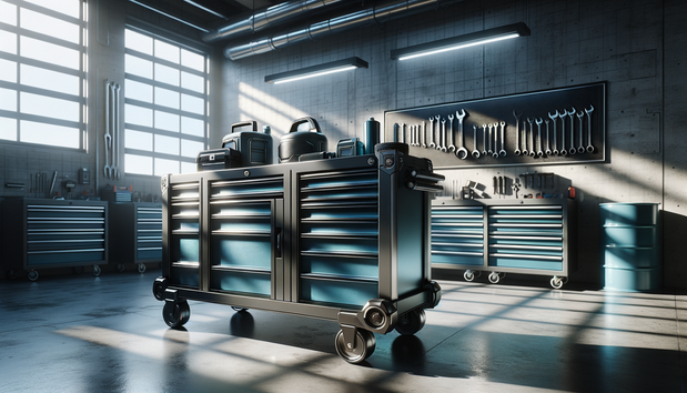 modern garage with stylish rolling tool chest under bright natural light