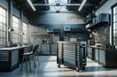 organized garage with durable rolling tool chests and workstations in bright natural light
