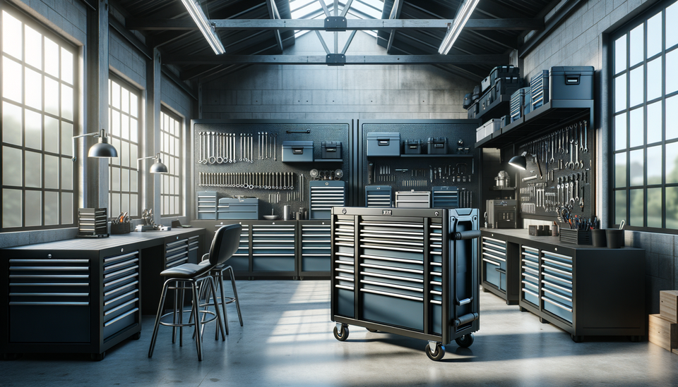 organized garage with durable rolling tool chests and workstations in bright natural light