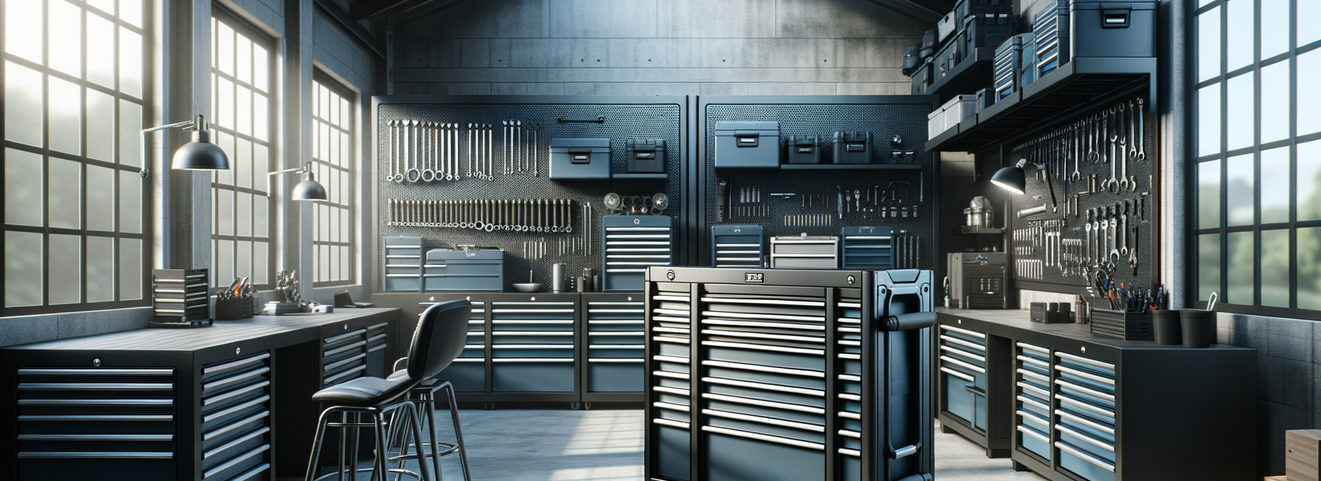 organized garage with durable rolling tool chests and workstations in bright natural light