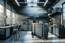 organized garage with durable rolling tool chests and workstations in bright natural light