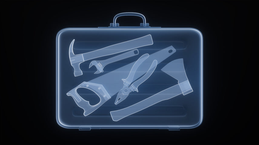 X-ray of a toolbox filled with various tools