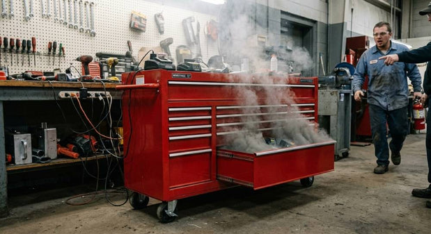modern garage with sleek rolling tool chest in natural light, showcasing durable construction