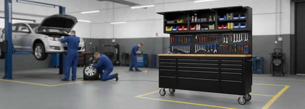 Rolling tool chest workbench with organized tool storage in an auto repair garage