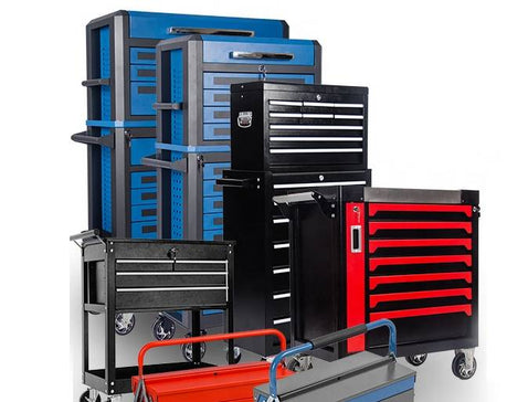 Assorted garage tool chests and rolling storage cabinets in blue, black, and red.