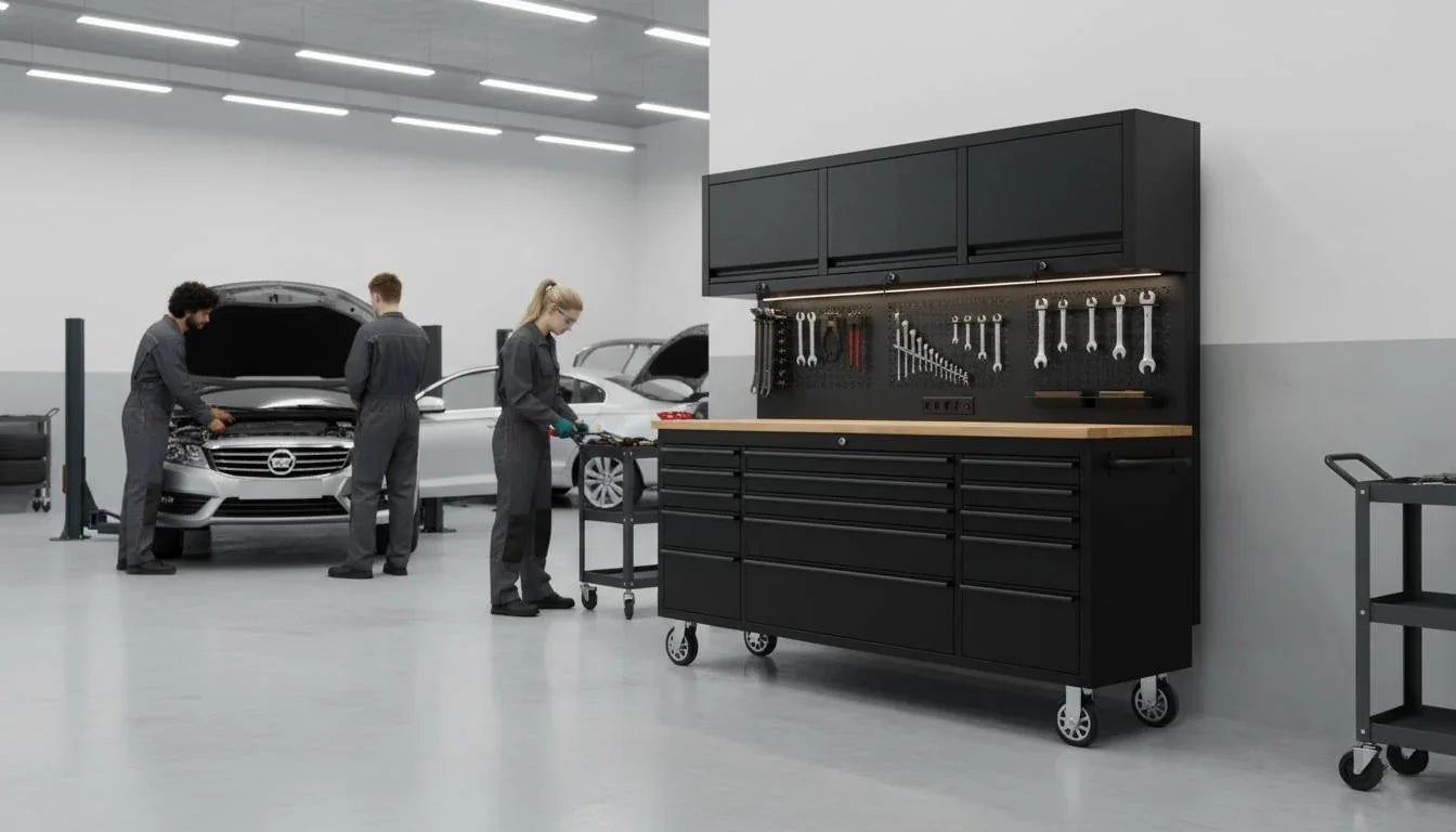Modern garage tool workbench with storage cabinets and organized tools in auto workshop