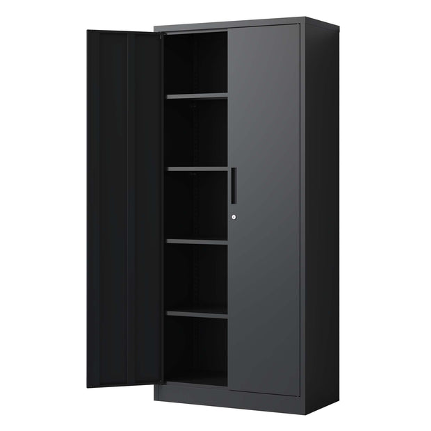 72"H Heavy Metal Garage Storage Cabinet with Locking Doors, Black Steel, Adjustable Shelves