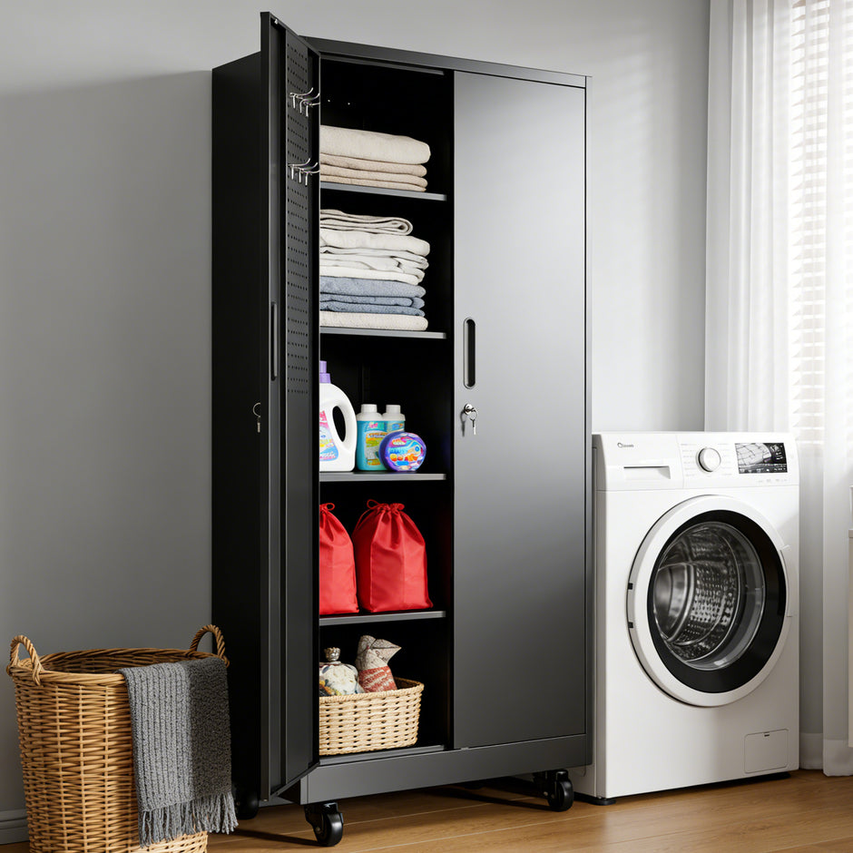 Heavy Duty Metal Storage Cabinet with Doors and Wheels, 71
