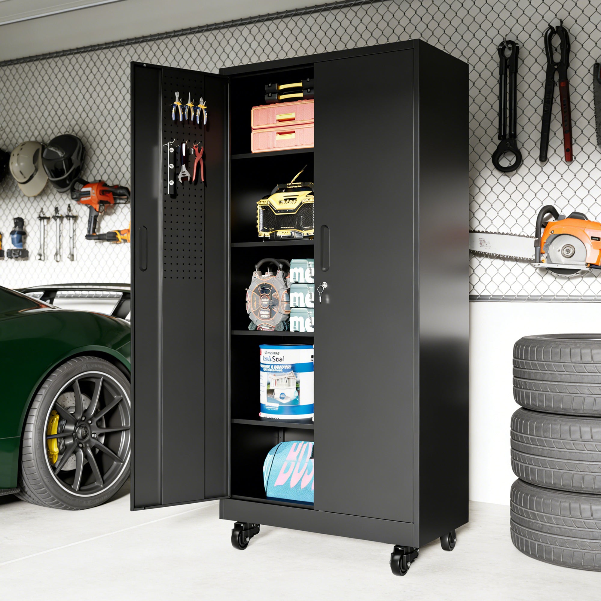 Heavy Duty Metal Storage Cabinet with Doors and Wheels, 71