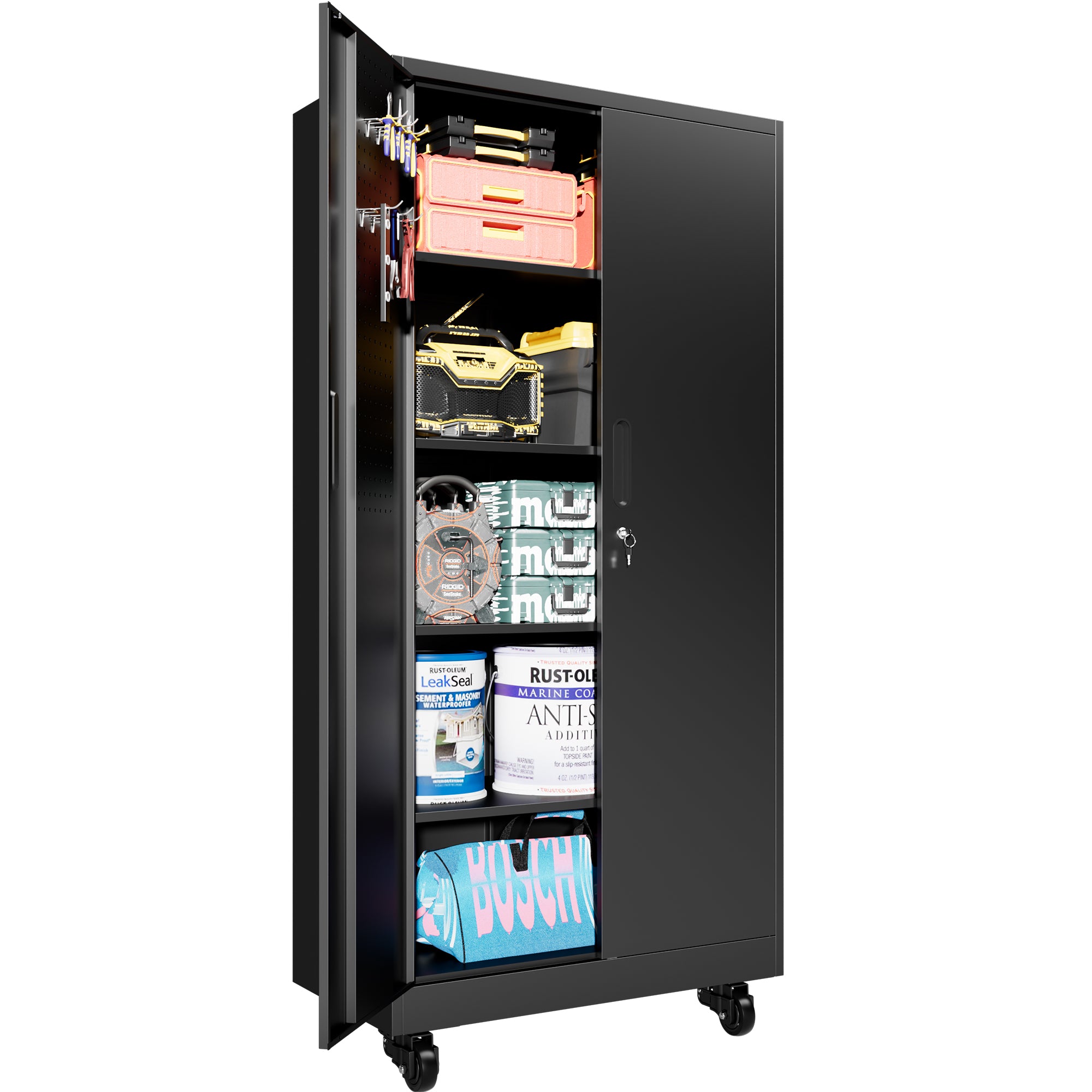 Heavy Duty Metal Storage Cabinet with Doors and Wheels, 71