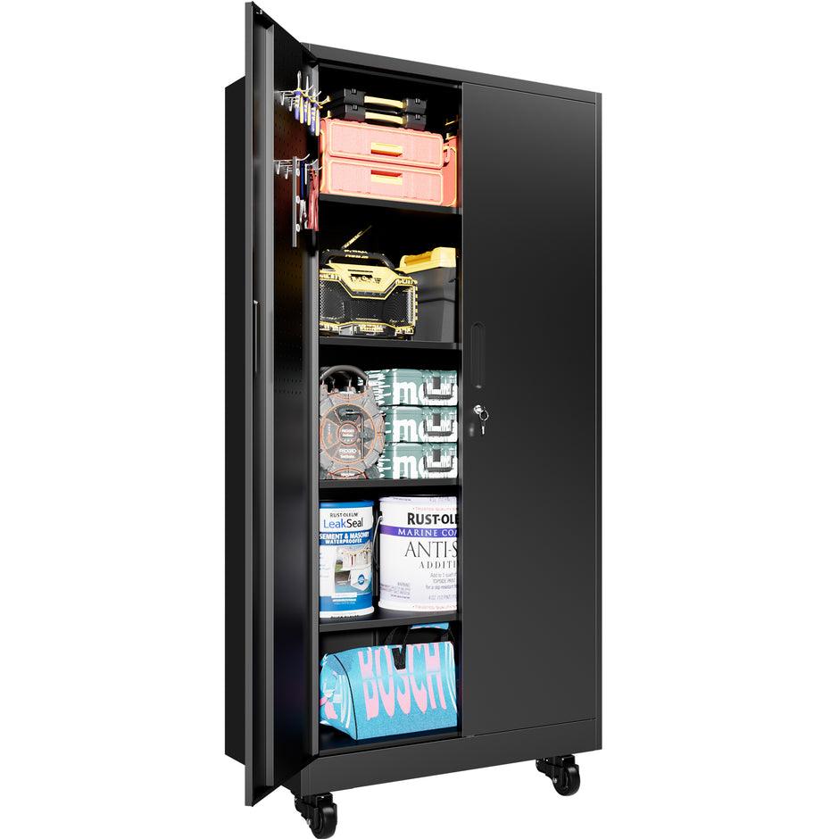 Heavy Duty Metal Storage Cabinet with Doors and Wheels, 71