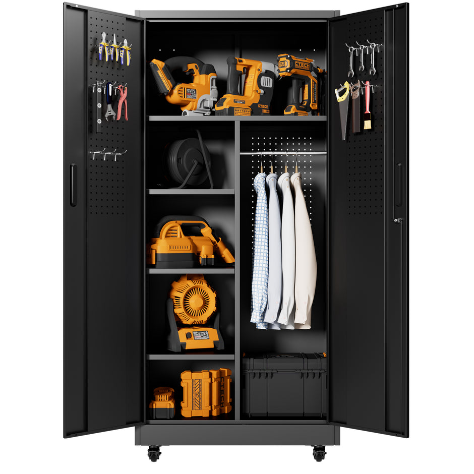 Rolling Metal Storage Locker Cabinet with Lockable Doors - 71" Freestanding Steel Wardrobe for Home, Office, School, Employee, Gym & Fire Department (Black)